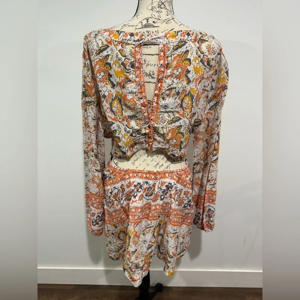 Free People Women's Orange Yellow Floral Cut Out Back Mini Dress Size Medium